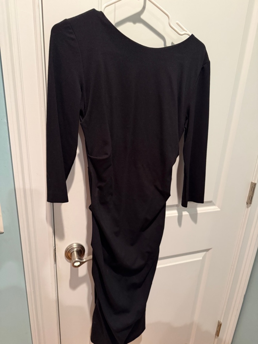 Women's Black Long Sleeve Midi Dress - Sleek Ruched Silhouette